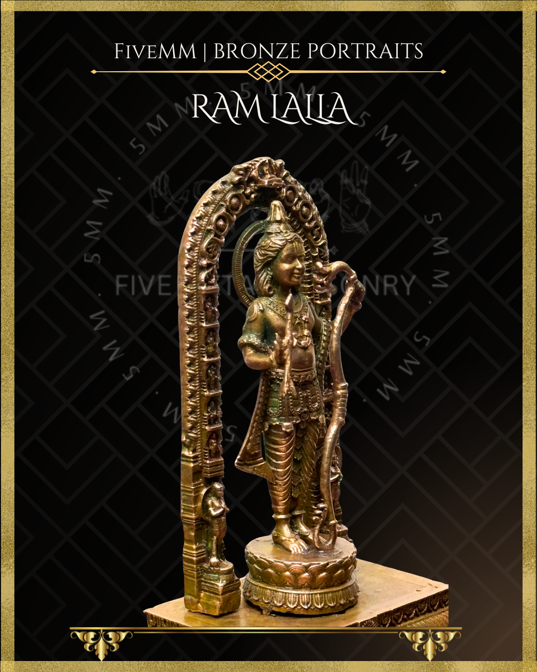 Right profile view of handcrafted Panchaloha bronze icon of Ram lalla of Ayodhya standing beneath an ornate prabhavali, holding a bow and arrow, adorned with a knotted jata, intricate jewellery, lotus pedestal, and richly detailed adhisthana in the classical Indian iconographic style.