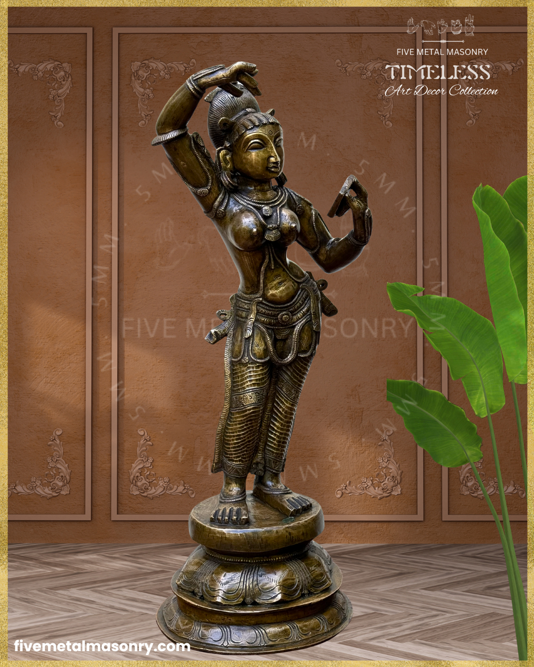 Right profile view of Handcrafted Panchaloha bronze icon of Darpana Sundari from the Timeless Collection, depicted in graceful tribhanga holding a mirror, adorned with elaborate jewellery, ornate lower garment, and antique patina on a lotus pedestal.