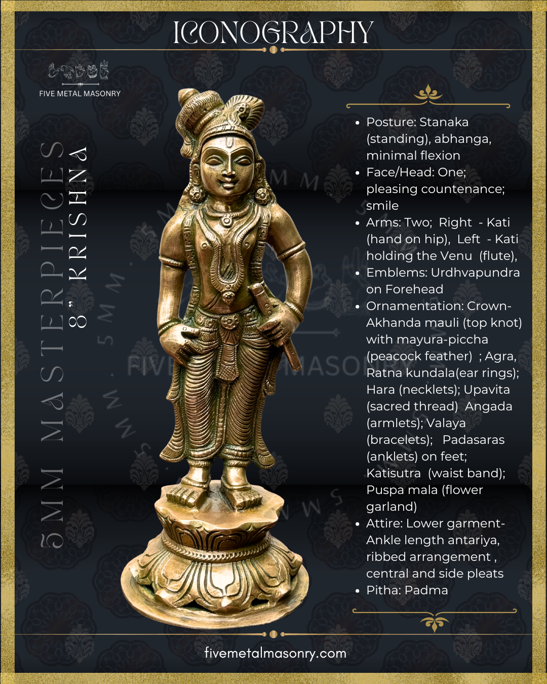 Krishna Panchaloha Bronze statue -  Masterpieces Collection - Iconography per Shilpa Sastra, handcrafted lost wax casting – iconographic description