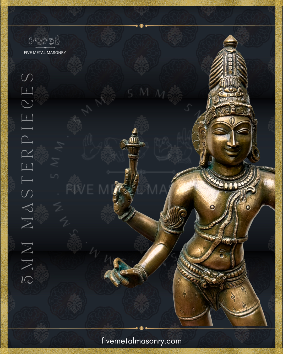 Close-up of Vinadhara Shiva handcrafted Panchaloha bronze sculpture featuring a serene Chola-style countenance, tall jata makuta with trinetra motif, layered necklaces, yajnopavita, ornate waist ornaments, and parashu held in the upper hand and lower hand posed to hold vina, from the Masterpieces collection inspired by South Indian iconographic traditions.