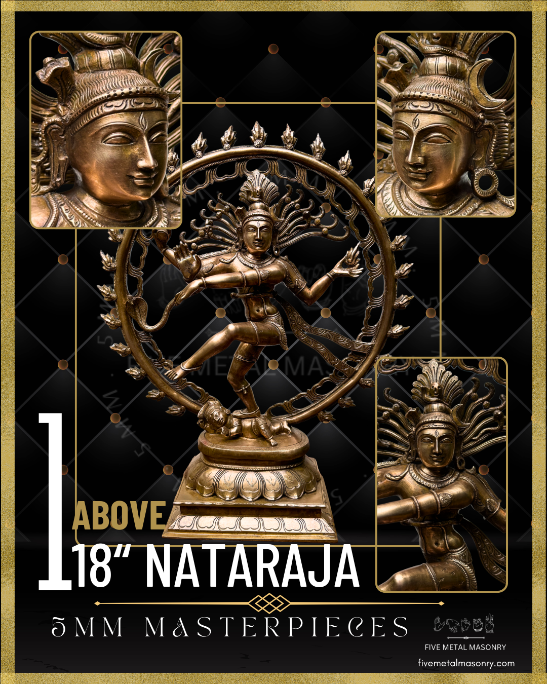 Panchaloha bronze Naṭarāja icon from the 5MM Masterpieces collection, shown in ānanda-tāṇḍava within a flaming prabhāmaṇḍala, four-armed with ḍamaru and agni, apasmāra beneath the feet, lotus pedestal, South Indian iconographic tradition