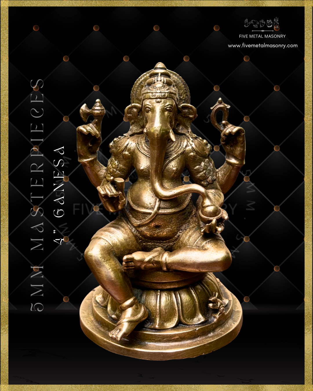 Panchaloha bronze seated Ganesha icon from the Masterpieces collection holding goad, noose, broken tusk and modaka, with elongated curved trunk, karanda makuta, lotus pedestal and mouse vahana in South Indian bronze style.
