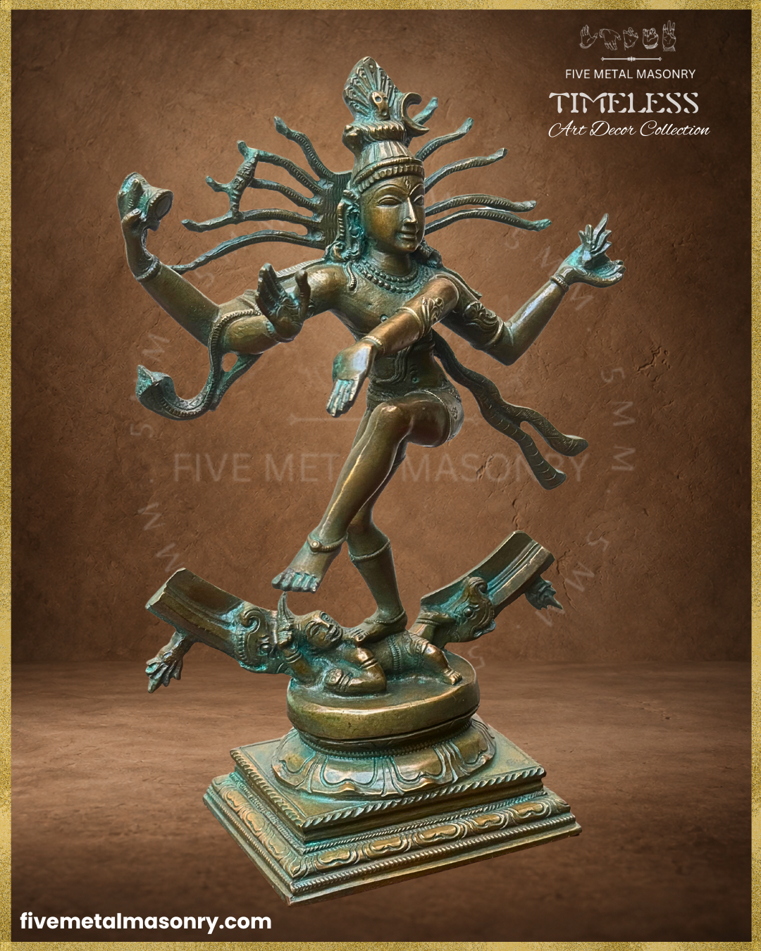 Right profile view of Thiruvalangadu style handcrafted Nataraja Panchaloha bronze from the Timeless collection, shown in ananda-tandava with an unfinished prabhamandala, flowing  jata with ganga and Apasmara beneath the feet.