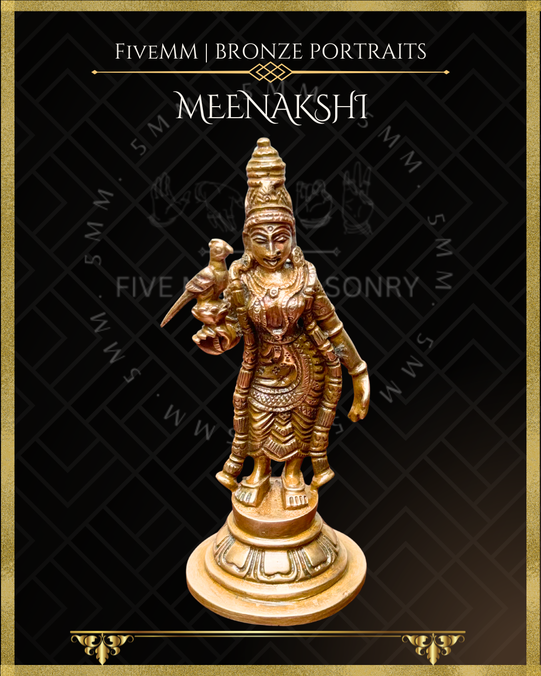 Bronze statue of Meenakshi with 'Fivemm Bronze Portraits' branding on a black background.
