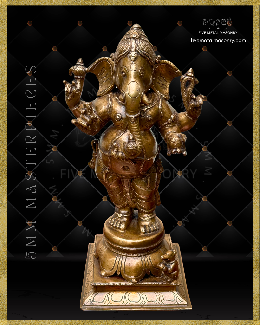 Top angle view of Handcrafted Panchaloha bronze standing Ganesha from the Masterpieces collection, depicted with four arms holding traditional attributes, long central trunk, detailed ornaments and drapery, standing on a lotus pedestal with musika at his feet.