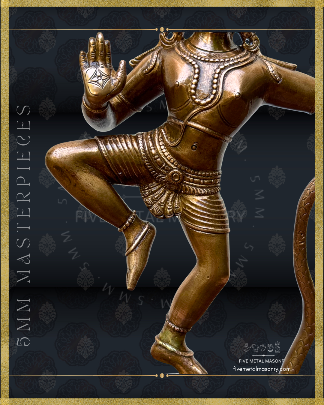 Close-up of handcrafted Panchaloha bronze Kaliya Tandava Krishna from our Masterpieces Collection, showing Krishna’s raised leg, detailed waist ornaments and pleated garment, with a distinctive motif engraved on the raised palm, aligned with Silpa Sastra principles and South Indian iconographic tradition.