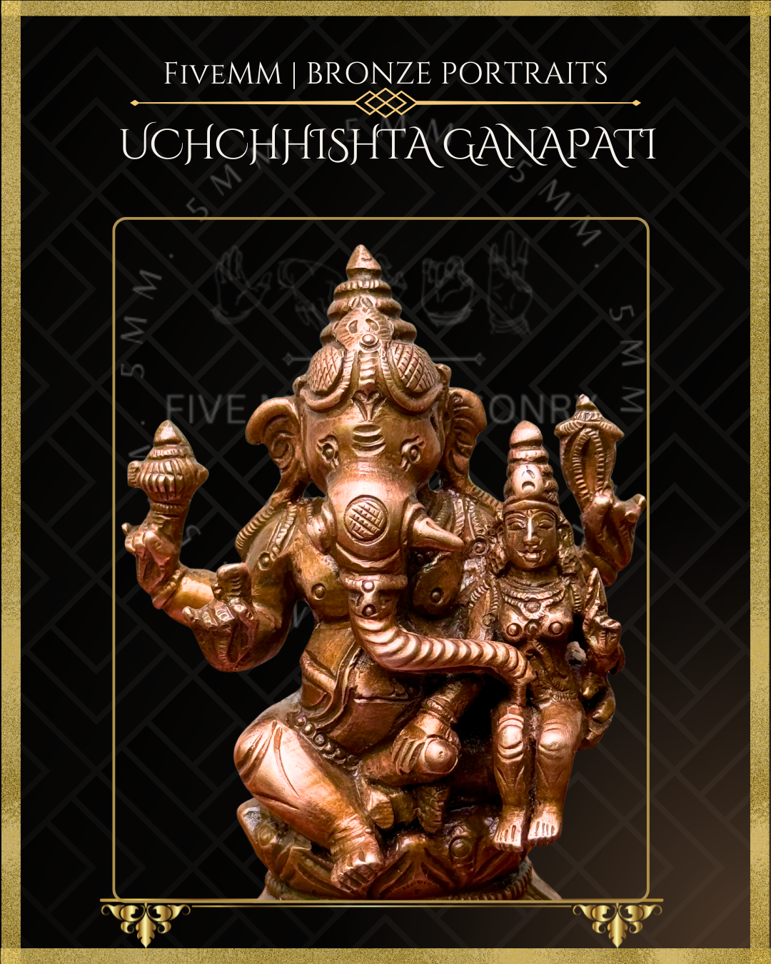 Uchchhishta Ganapati Bronze Panchaloha statue – Shilpa Sastra iconography, handcrafted lost wax casting – Detailing view (Front) 