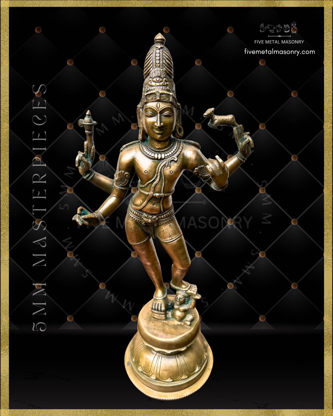 Top angle view of Vinadhara Shiva handcrafted Panchaloha bronze sculpture with jata makuta, four-armed form holding parashu and mrga, lower hands posed to bear vina, standing with one foot upon Apasmara, from the Masterpieces collection inspired by South Indian Chola iconographic traditions.