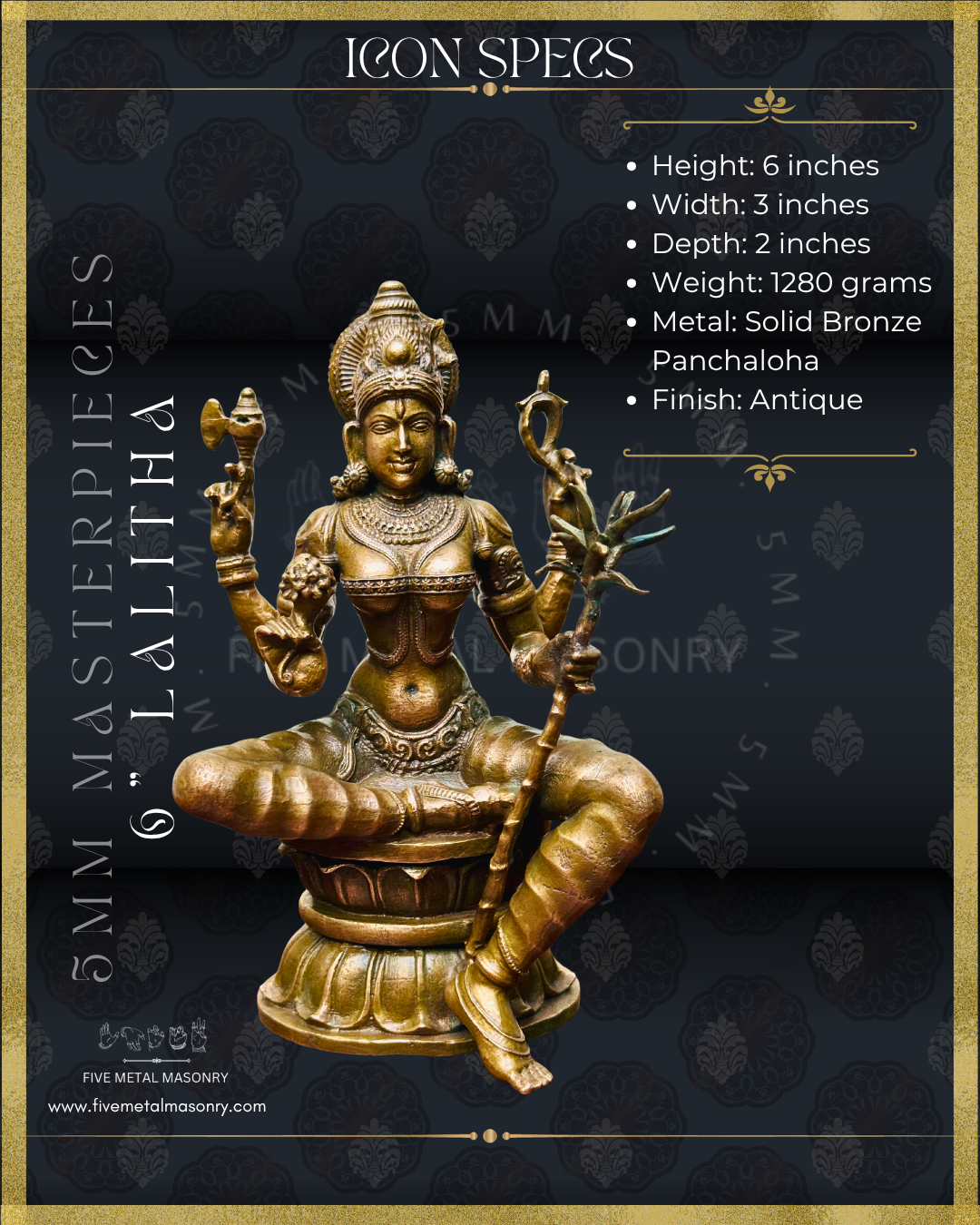 Lalitha-Tripurasundari Panchaloha Bronze statue -  Masterpieces Collection - Iconography per Shilpa Sastra, handcrafted lost wax casting – Dimensions view