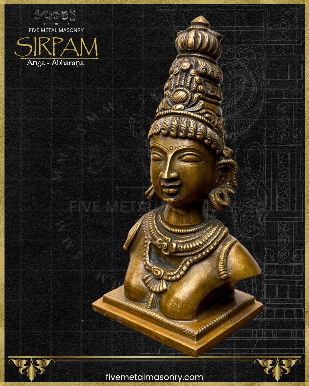 Right side view of Parvati bust handcrafted Panchaloha bronze sculpture with jata makuta, circular kundalas, and layered necklaces from the Sirpam collection, inspired by South Indian iconographic traditions.
