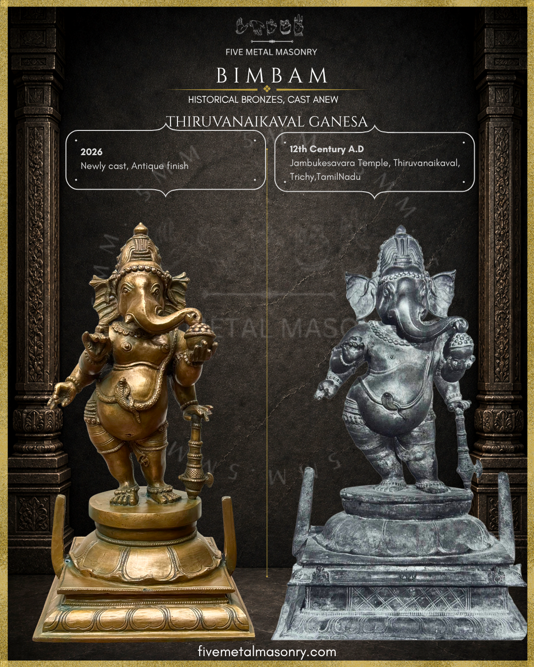 Side-by-side comparison of the BIMBAM handcrafted Panchaloha Thiruvanaikaval Ganesha with the 12th-century historical bronze from Jambukesvara Temple, showing the recreated standing posture, sideways-curving trunk, jata-makuta, cup of sweets and long-handled ankusa.