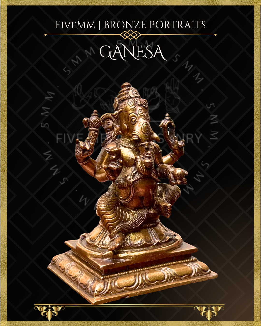 Left profile view of Handcrafted Ganesha in Panchaloha bronze, silpa-sastra aligned and rooted in the South Indian iconographic tradition, four-armed and seated in lalitasana, holding ankusa, pasa, danta and modaka with detailed crown, ornaments and draped lower garment.