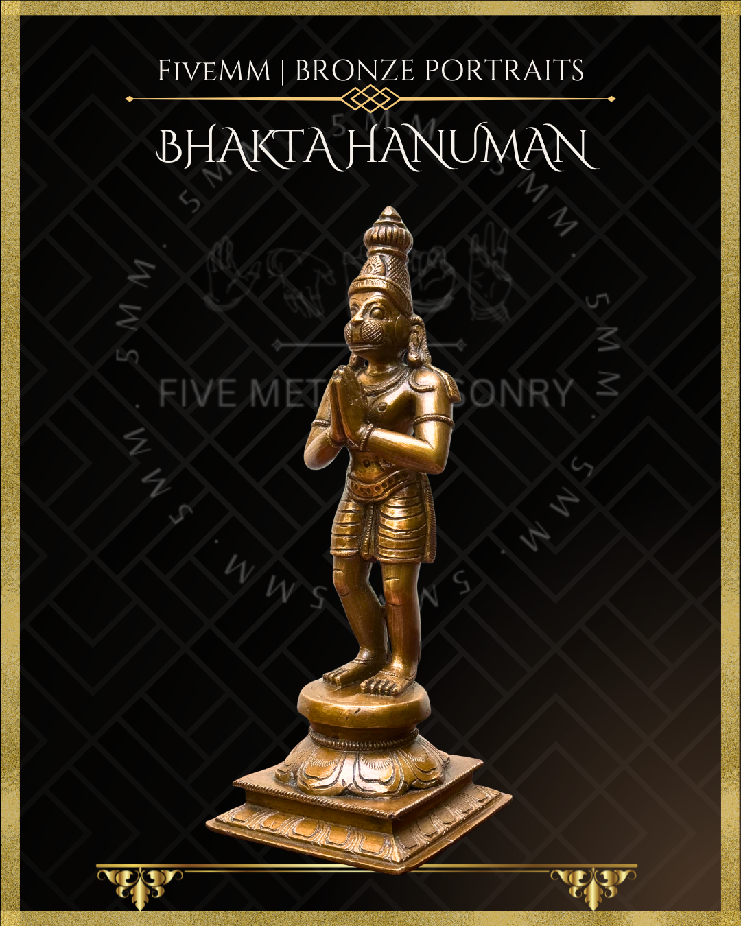 Left side view of Handcrafted Bhakta Hanuman Panchaloha bronze statue in anjali hasta with slightly bent knees, detailed in traditional South Indian silpa-sastra iconography.