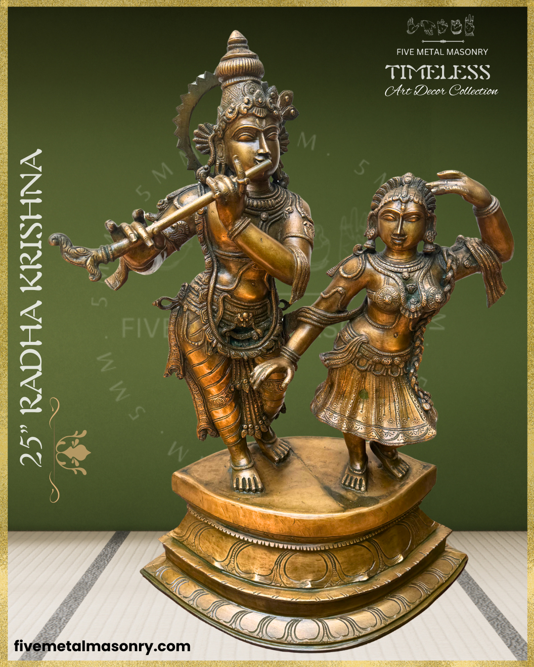 Handcrafted Panchaloha bronze Radha Krishna sculpture from the Timeless Collection, depicting Krishna playing the flute in a crossed-leg stance beside Radha in a graceful standing pose, with detailed ornaments, garments and lotus pedestal.