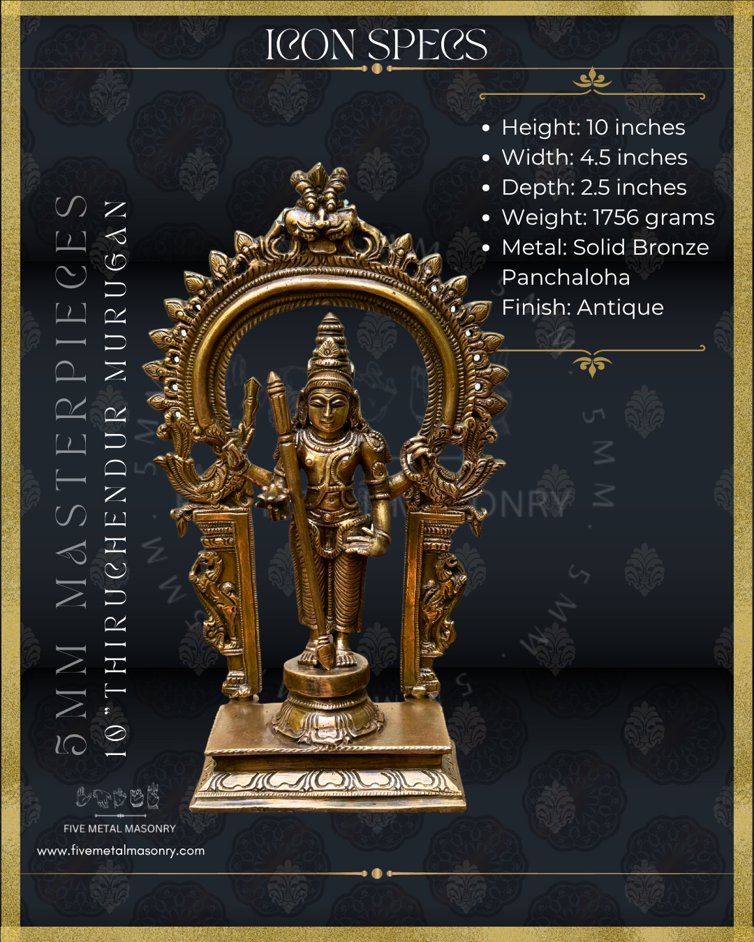 Thiruchendur Murugan Panchaloha Bronze statue Antique Patina – Shilpa Sastra iconography, handcrafted lost wax casting – Dimensions