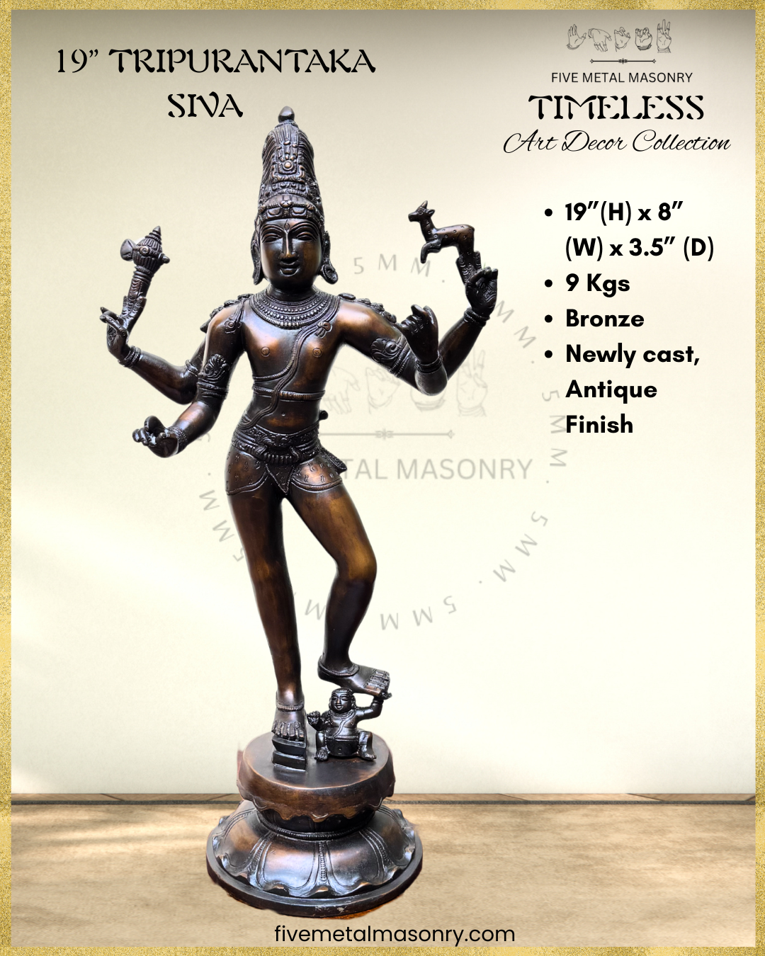 Tripurantaka Siva Bronze Panchaloha statue - Timeless Collection – Shilpa Sastra iconography, handcrafted lost wax casting – Dimensions