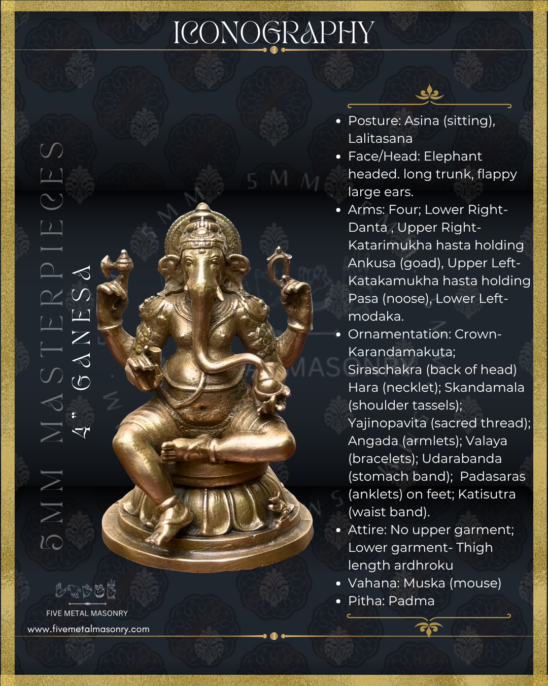 Iconography description of panchaloha bronze seated Ganesha icon from the Masterpieces collection showing lalitasana posture, four-armed form holding goad, noose, broken tusk and modaka, with elongated trunk, karanda makuta, lotus pedestal and mouse vahana in South Indian bronze style.