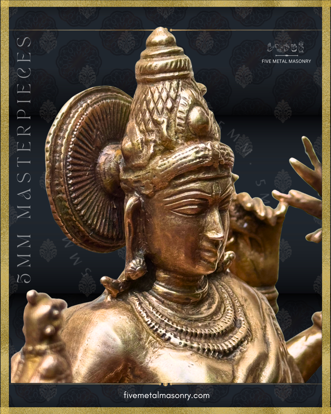 Close-up profile view of handcrafted Panchaloha Matangi bronze icon from the Five Metal Masonry Masterpieces Collection, highlighting the serene facial features, elaborate headdress with parrot, ornaments and traditional Shilpasastra craftsmanship.