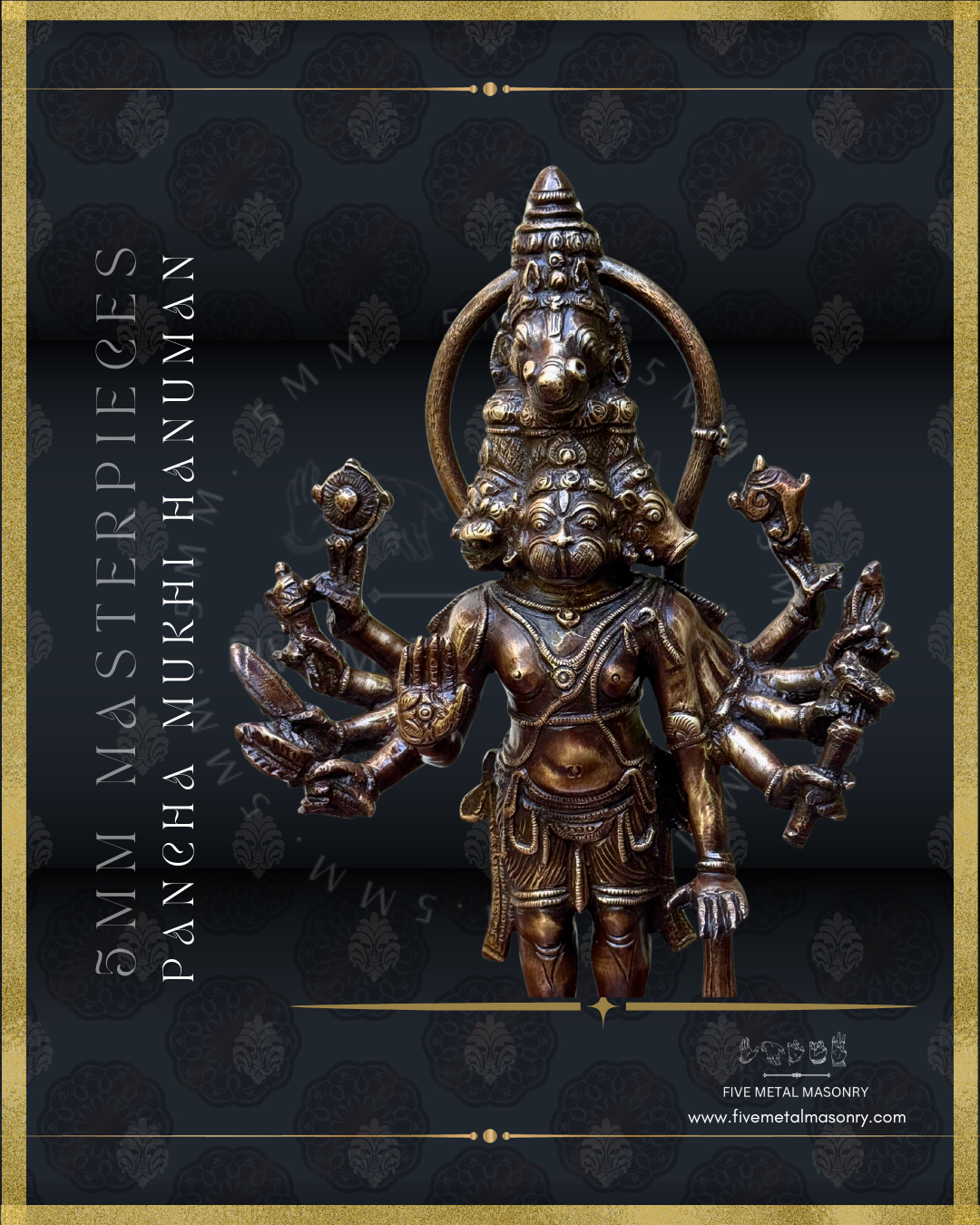 Panch Mukhi Hanuman Panchaloha Bronze statue -  Masterpieces Collection - Iconography per Shilpa Sastra, handcrafted lost wax casting – Closer front view