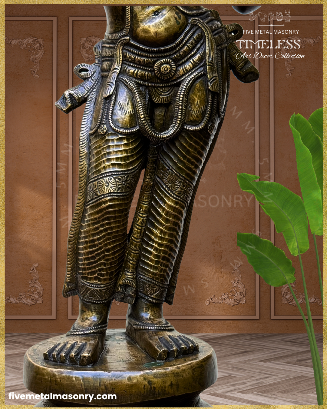 Close-up of the lower half of a handcrafted Panchaloha bronze Darpana Sundari icon from the Timeless Collection, featuring an intricately detailed waist belt, pleated lower garment, graceful stance, finely modelled feet, and antique patina on a lotus pedestal.