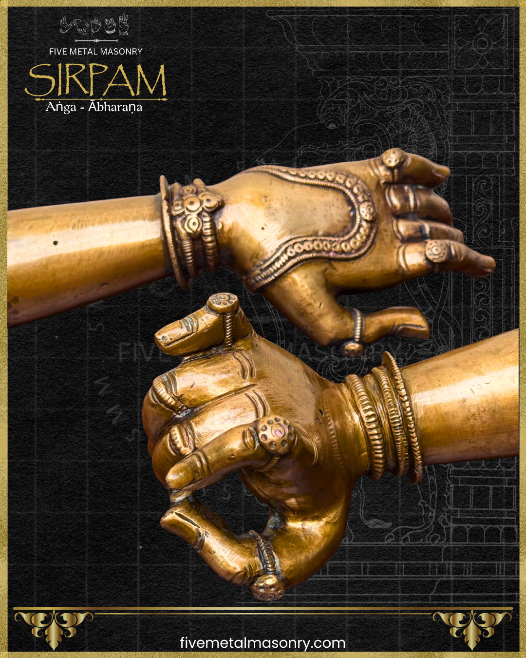 Bronze hands with jewelry on a black background with 'Five Metal Masonry' branding.