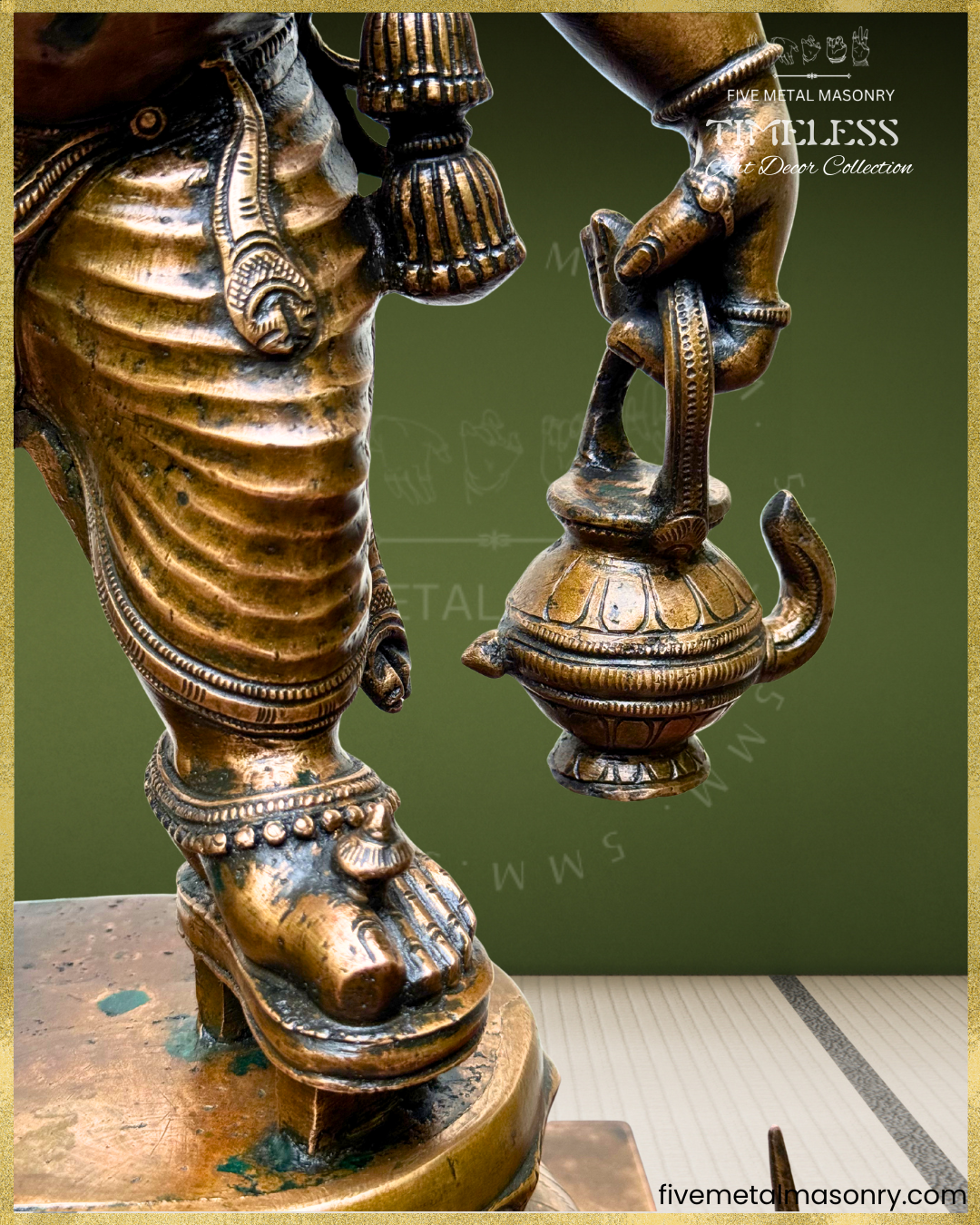 Close-up of antique finish Panchaloha bronze Ganesha highlighting intricately modeled kamandalu, pleated lower garment, anklets, paduka-style footwear and refined South Indian sculptural craftsmanship from the Timeless collection.