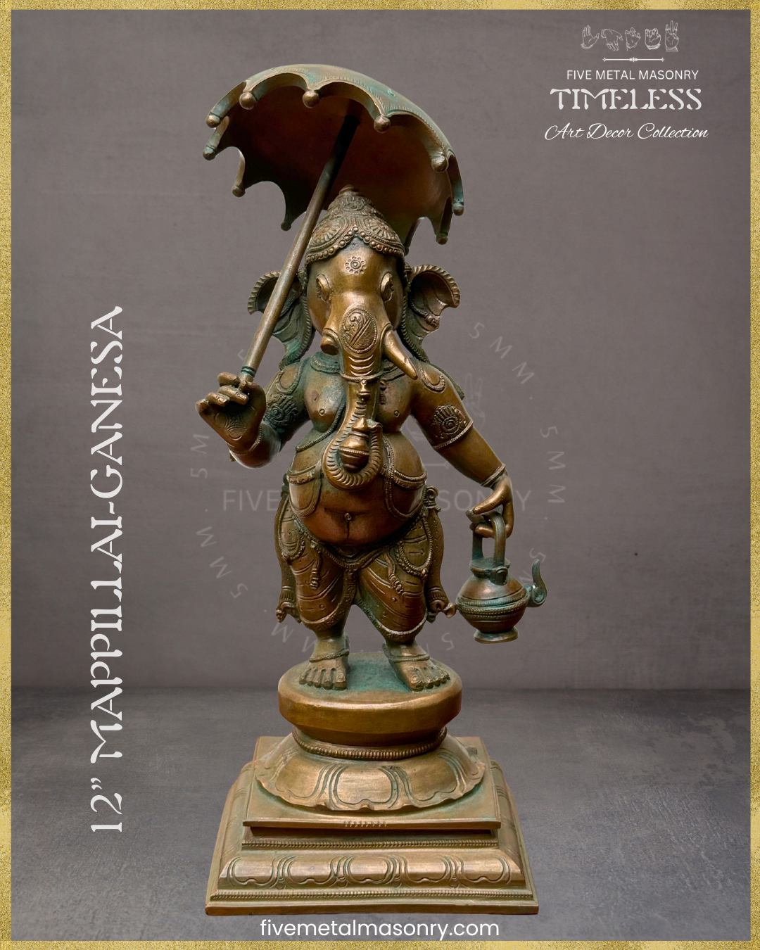 Ganesha with umbrella-Panchaloha Bronze statue – Timeless Collection - Iconography per Shilpa Sastra, Handcrafted lost wax casting – Front view