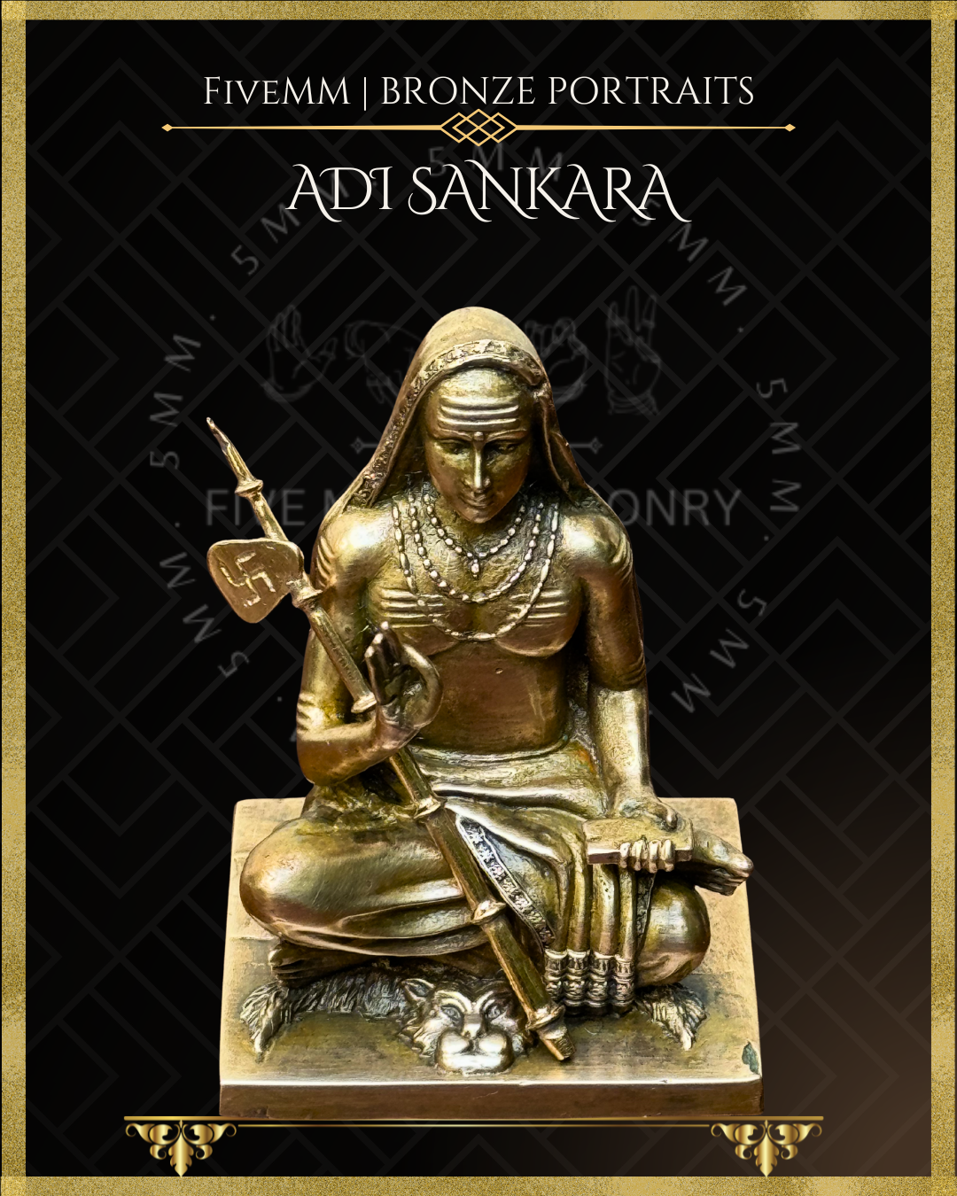 Top angle view of Handcrafted Panchaloha bronze icon of Adi Shankara seated on a tiger skin, holding a Danda and palm leaf manuscript, with Jnana Mudra . 