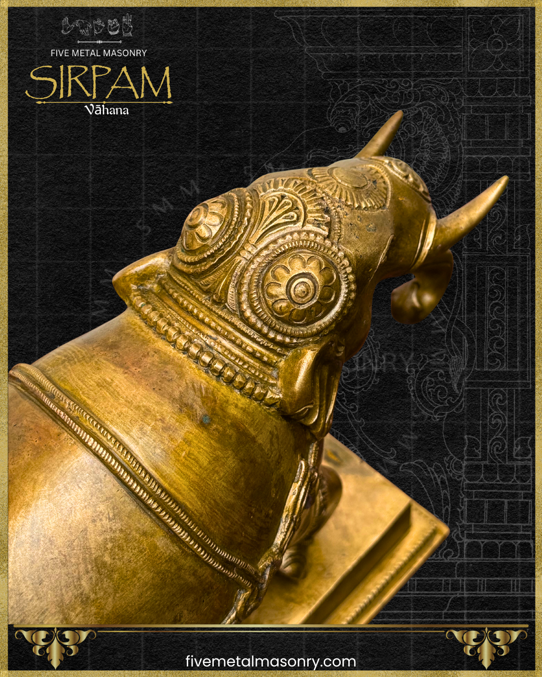 Decorative bronze elephant sculpture with intricate designs on a black background, featuring the brand 'Five Metal Masonry'.