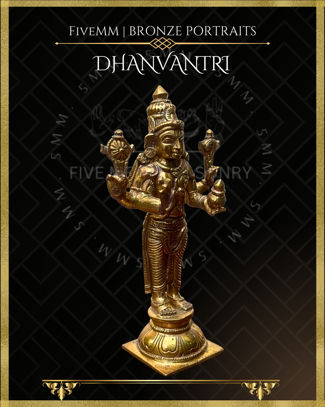 Right profile view of Handcrafted Dhanvantari Panchaloha bronze statue in standing samabhanga posture, with four arms holding chakra, sankha, jalauka and amrta-kalasa, detailed kiritamakuta, traditional ornaments and padma pitha, crafted in the silpa-sastra and traditional iconographic tradition.
