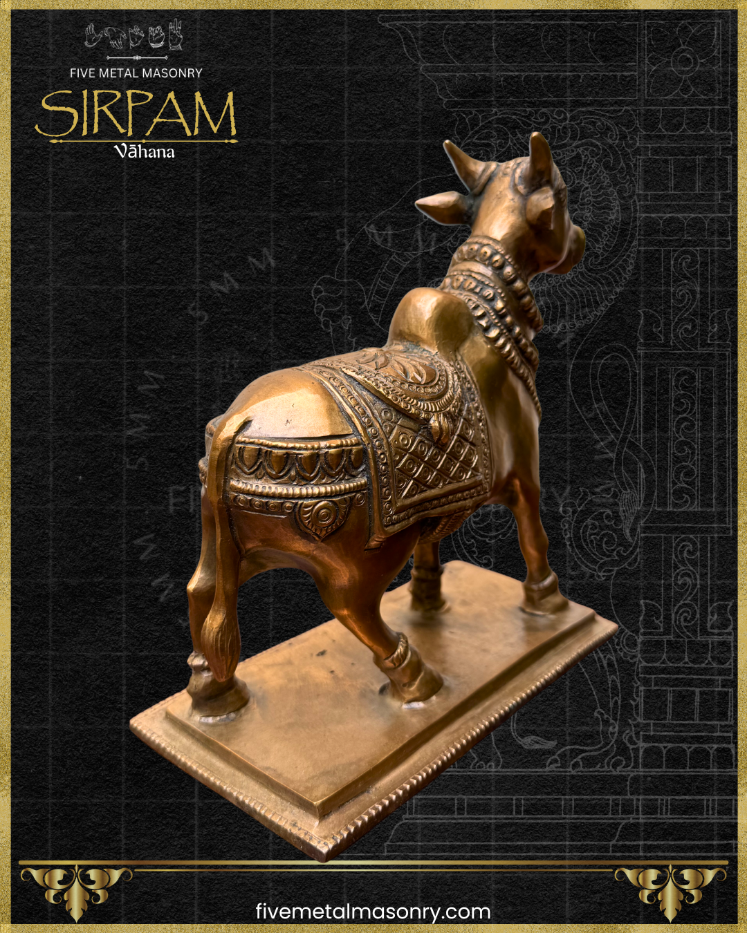Rear three-quarter view of a handcrafted panchaloha bronze Vrsabha (Nandi) statue from the Sirpam Collection, highlighting the sculpted anatomy, ceremonial saddle cloth with geometric motifs, layered neck ornaments, graceful tail, and rectangular pedestal in the South Indian sculptural tradition.