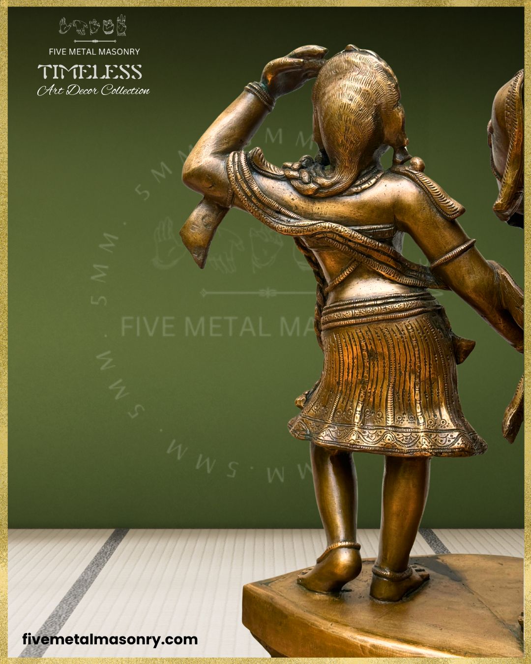 Rear close-up view of Radha in the handcrafted Panchaloha bronze Radha Krishna sculpture from the Timeless Collection, highlighting the detailed coiffure, draped upper garment, layered waist ornaments, patterned lower garment and anklets.