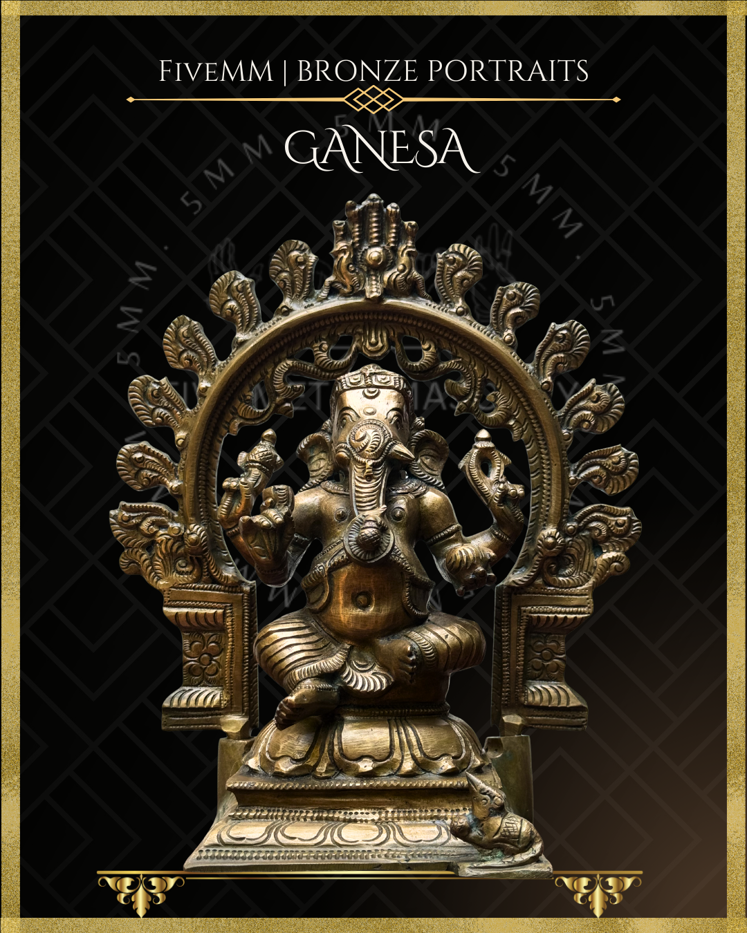 Bronze statue of Ganesha with decorative arch on a black background, featuring 5MM branding.