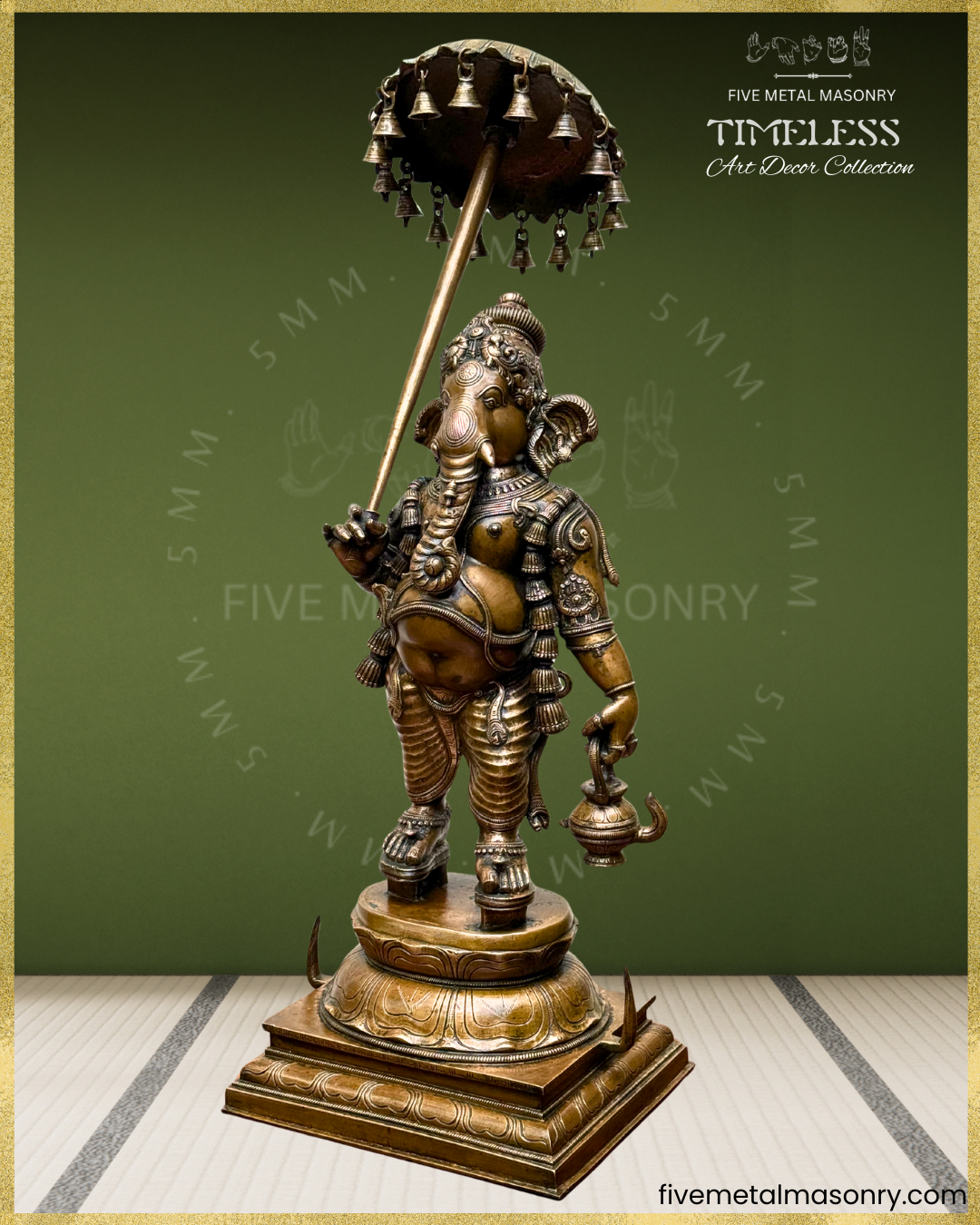 Left profile view of Panchaloha bronze Ganesha with ceremonial umbrella and kamandalu, standing in graceful yanaka posture, adorned with layered ornaments, karanda makuta and detailed South Indian sculptural craftsmanship from the Timeless collection.