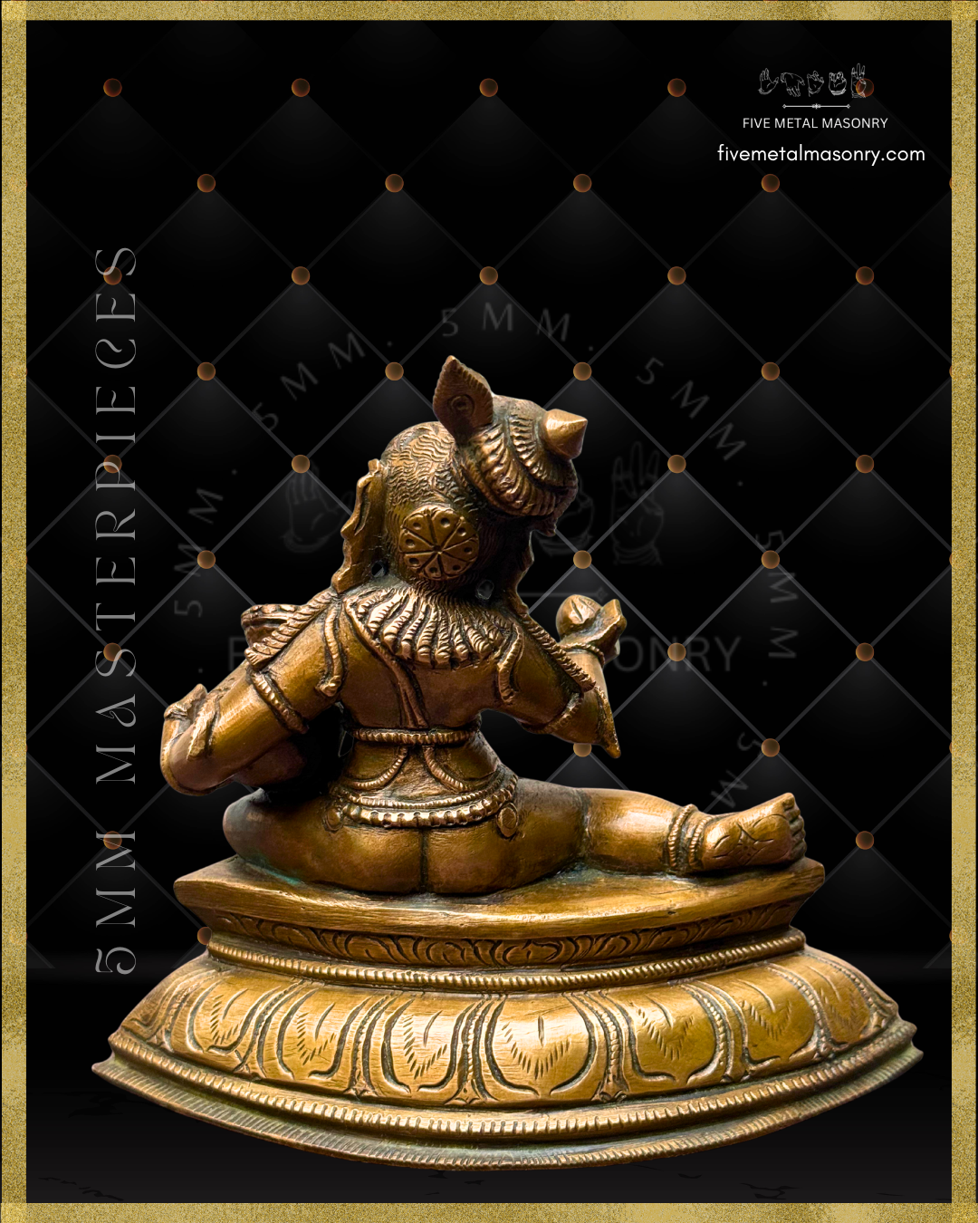 Rear view of handcrafted Panchaloha Bala Krishna bronze from the 5MM Masterpieces Collection, showing the detailed peacock-feathered coiffure, ornaments and seated posture with one leg extended, set upon an elaborately carved padma pitha and crafted according to Silpasastra principles.