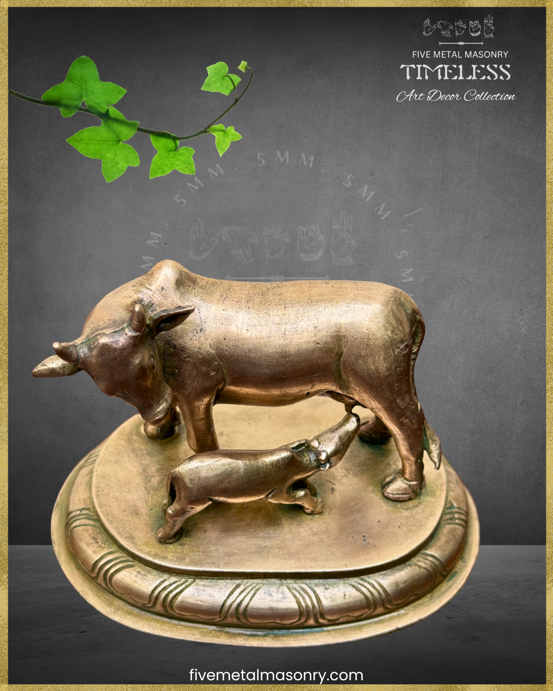 Bronze sculpture of a cow and calf on a decorative base with ivy leaves.