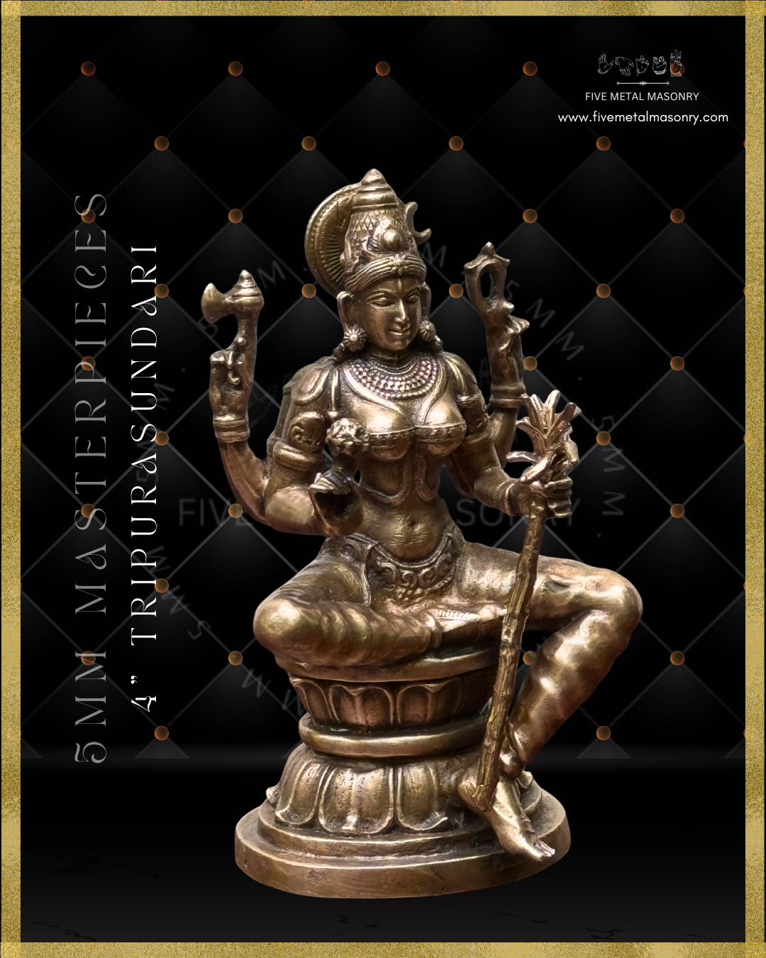 Right profile view of panchaloha bronze seated Lalitha Tripurasundari icon from the Masterpieces collection, four armed, holding sugarcane bow, flower arrows, noose and goad, featuring kirita makuta, siraschakra, layered ornamentation and lotus pedestal in South Indian iconographic style