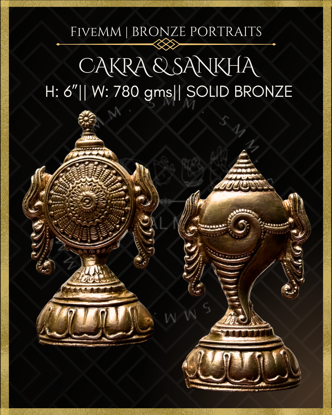 Two solid bronze statues of Cakra and Sankha on a black background with gold accents and product dimensions