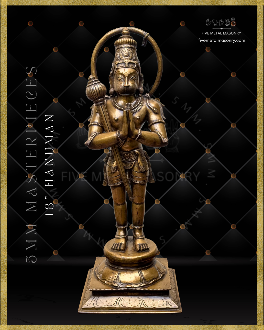 Bronze statue of Hanuman on a black background with gold accents