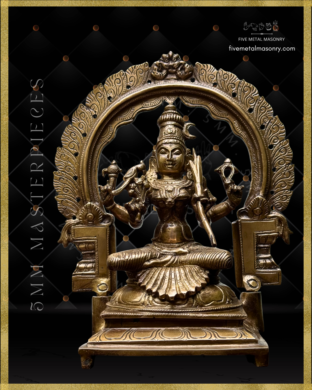 Projected view of Panchaloha bronze Kamakshi statue seated beneath ornate prabhavali arch, showing four-armed South Indian iconographic form with detailed ornaments and karanda makuta from the Masterpieces collection by Five Metal Masonry.