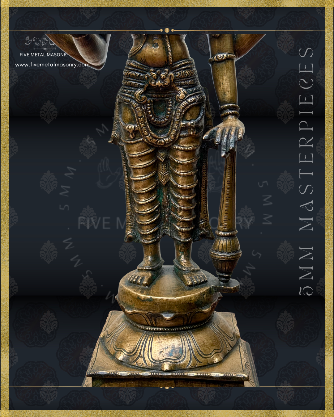 Close-up of handcrafted Vishnu Panchaloha bronze statue, highlighting the ornate kati-bandha, layered waist ornaments, finely pleated lower garment, feet, lotus pedestal and long gada, crafted with detailed South Indian iconography in the silpa-sastra tradition.