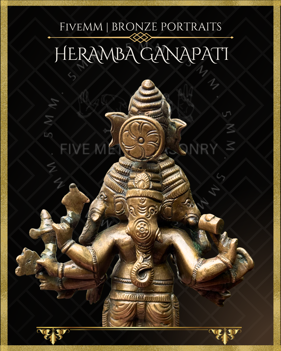 Heramba Ganapati Panchaloha Bronze statue – per Shilpa Sastra iconography, handcrafted by lost wax casting – rear closeup view