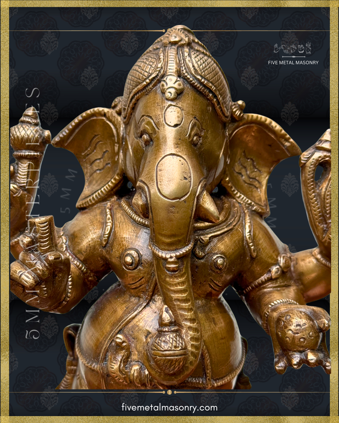 Close-up view of the handcrafted Panchaloha bronze standing Ganesha from the Masterpieces collection, highlighting the elephant face, broad ears, long central trunk holding a vessel, broken tusk, four-armed iconography and detailed head ornamentation.