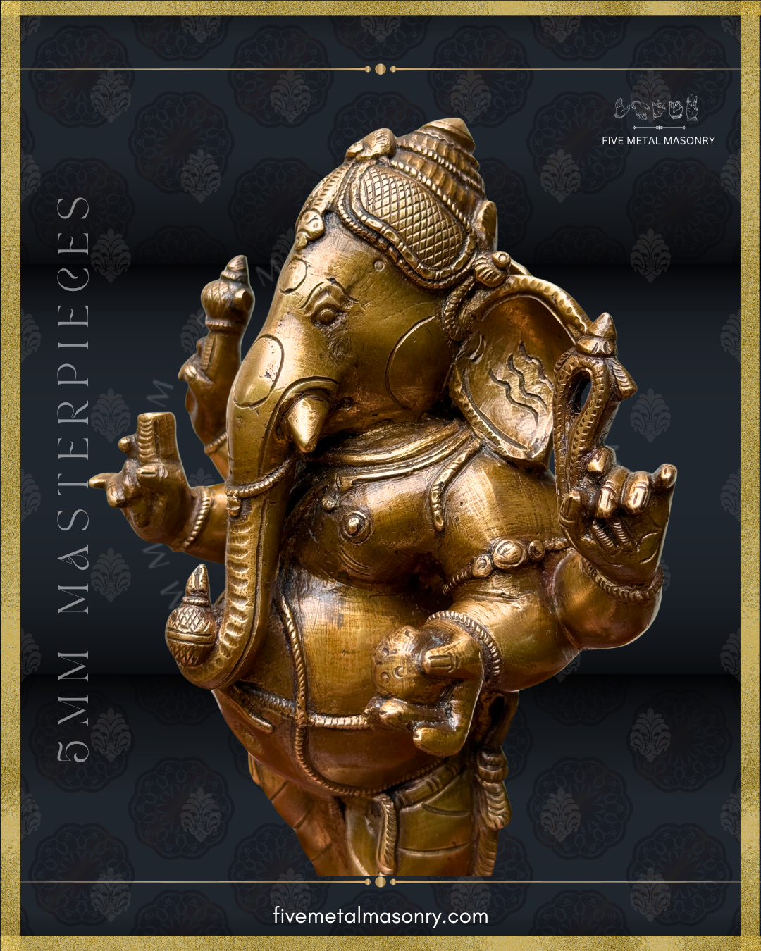 Close-up side view of the handcrafted Panchaloha bronze standing Ganesha from the Masterpieces collection, highlighting the four-armed iconography, long trunk holding a vessel, broad decorated ear, detailed head ornamentation and traditional attributes.