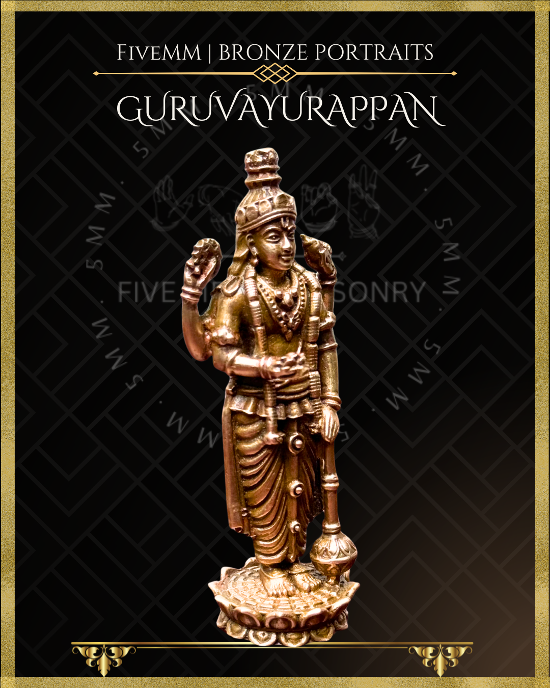 Panchaloha Bronze statue of Guruvayurappan with 'FiveMM' branding on a black background