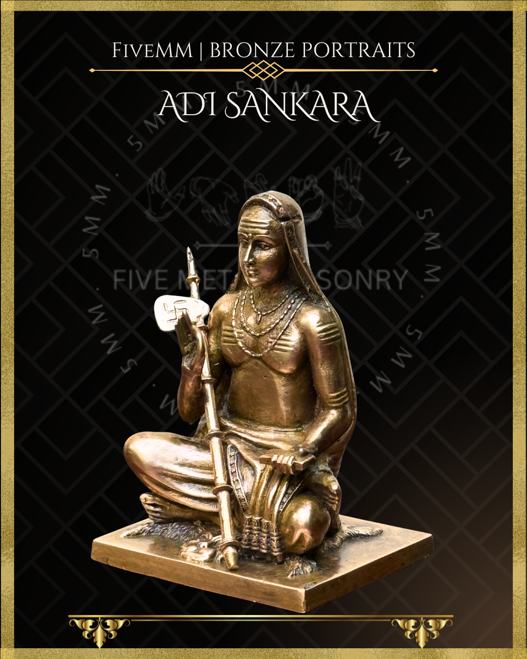 Left profile view of Handcrafted Panchaloha bronze icon of Adi Shankara seated on a tiger skin, holding a Danda and palm leaf manuscript, with Jnana Mudra . 