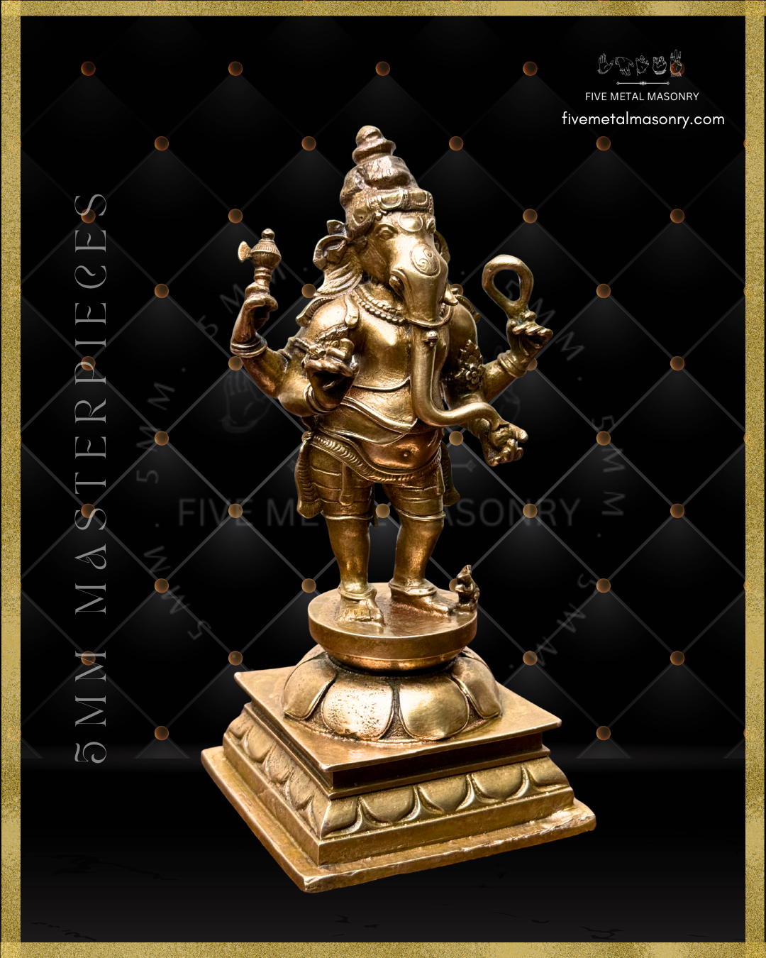 Right profile view of standing Ganesha panchaloha bronze icon holding goad and noose, with elongated trunk, karanda makuta, lotus pedestal and mouse vahana from the Masterpieces collection.