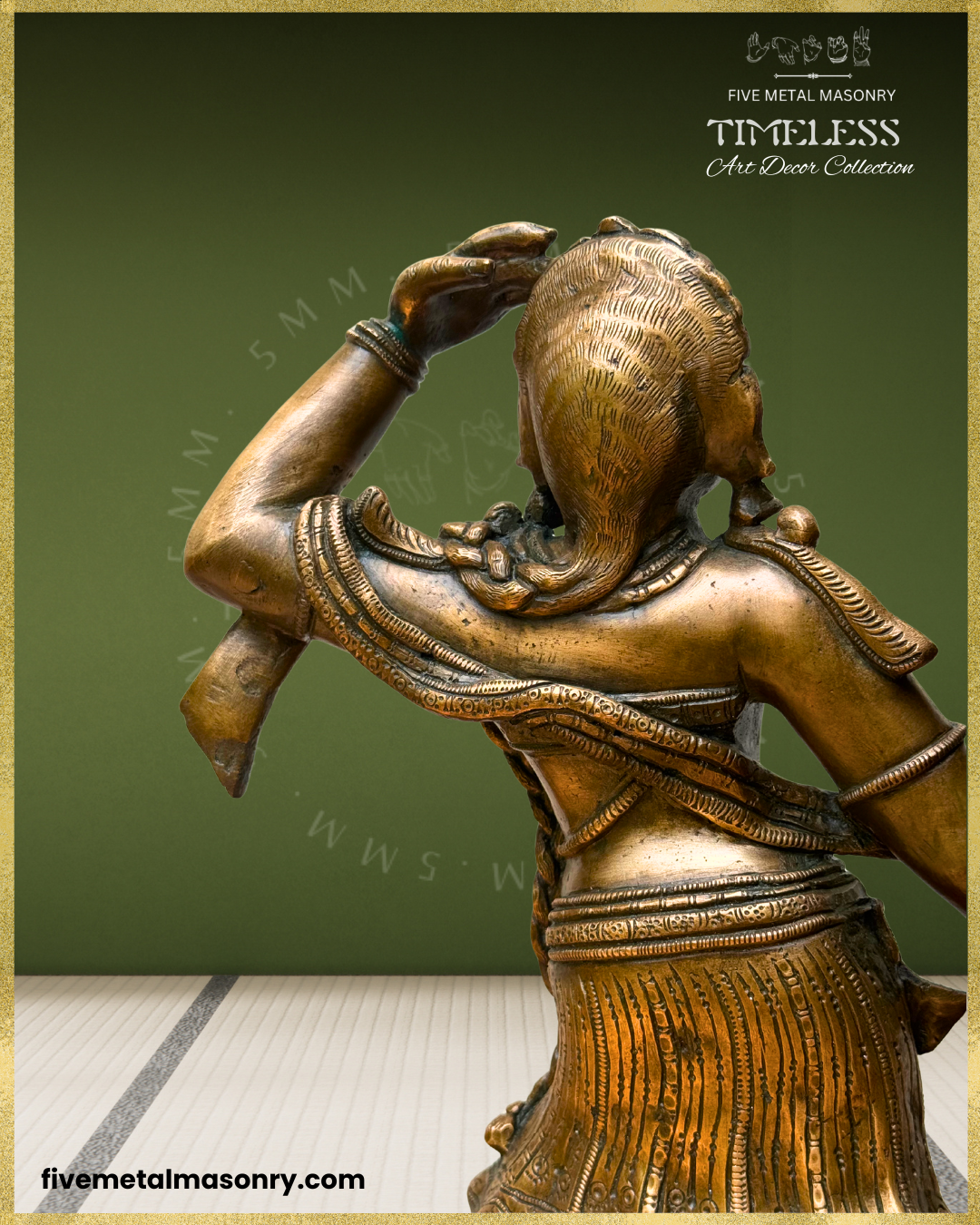 Rear close-up view of Radha in the handcrafted Panchaloha bronze Radha Krishna sculpture from the Timeless Collection, highlighting the finely incised coiffure, braided hair, patterned upper drape, arm ornaments and layered waistbands.