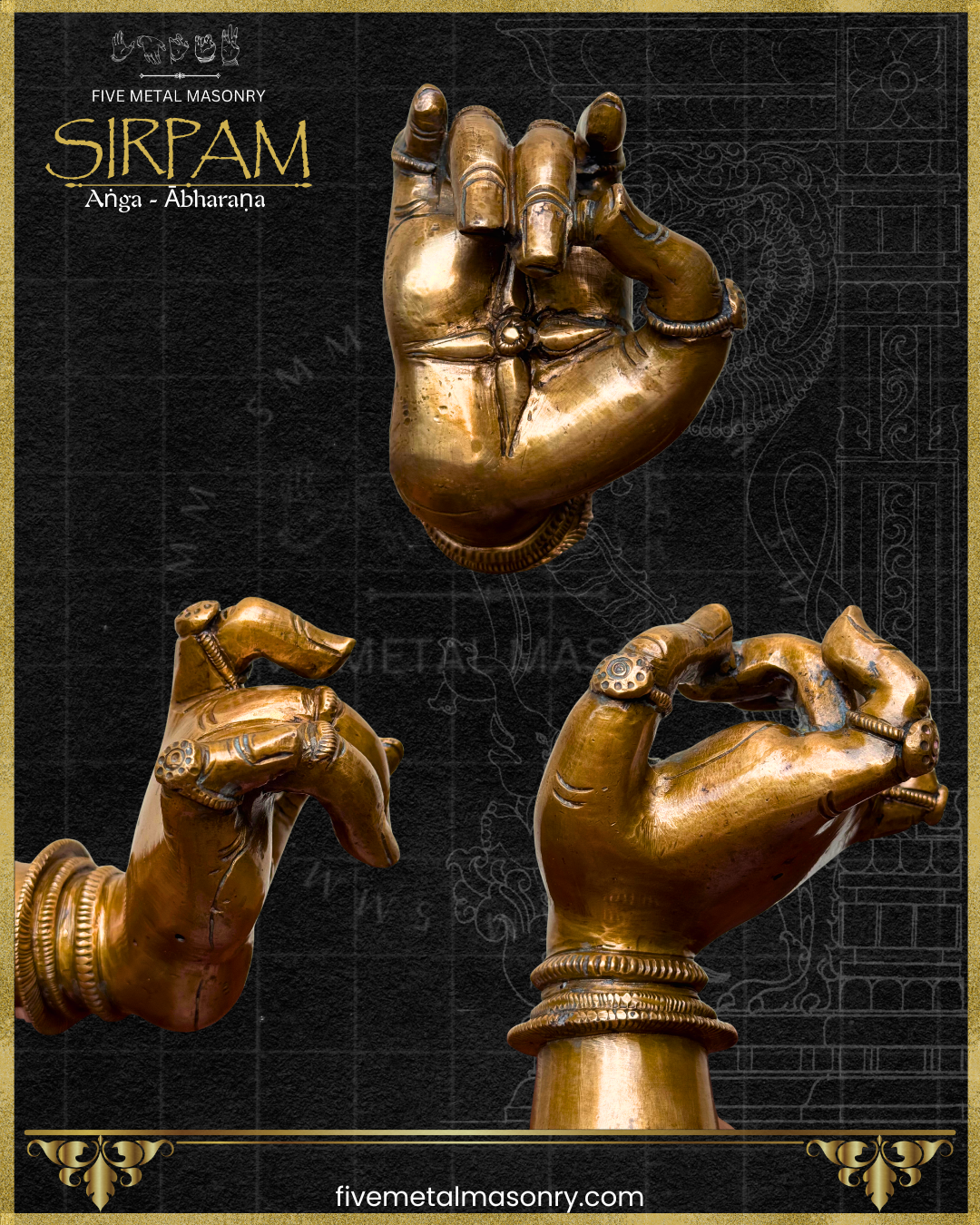 Decorative bronze hand sculpture with intricate jewellery details on a black background, from Five Metal Masonry’s Sirpam collection