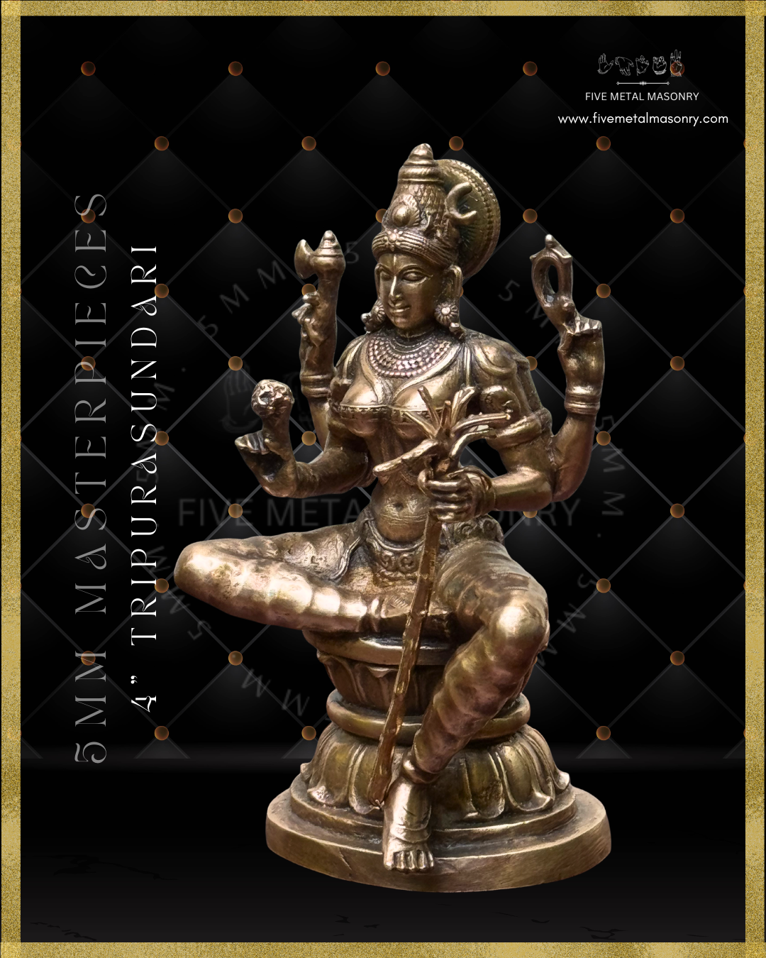 Left profile view of panchaloha bronze seated Lalitha Tripurasundari icon from the Masterpieces collection, four armed, holding sugarcane bow, flower arrows, noose and goad, featuring kirita makuta, siraschakra, layered ornamentation and lotus pedestal in South Indian iconographic style